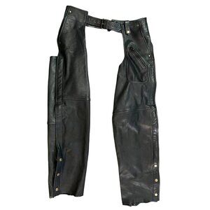Black Leather Motorcycle Chaps With Adjustable Waist Zipper & Snap Closures Soft